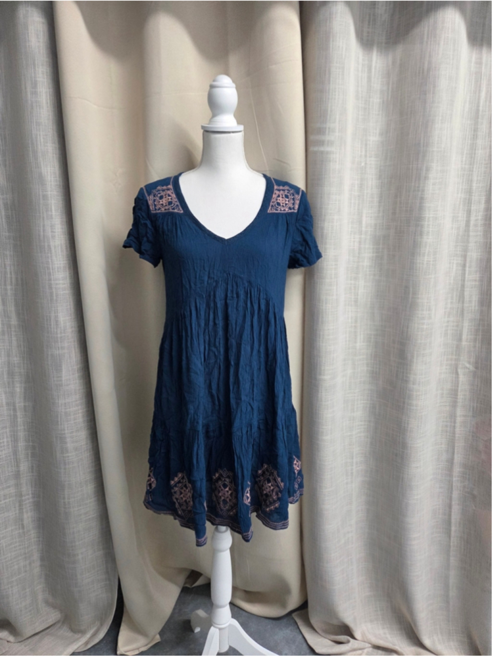 Knox Rose Navy Embroidered V‑Neck Boho Mini Dress Fairycore Cottagecore Size S